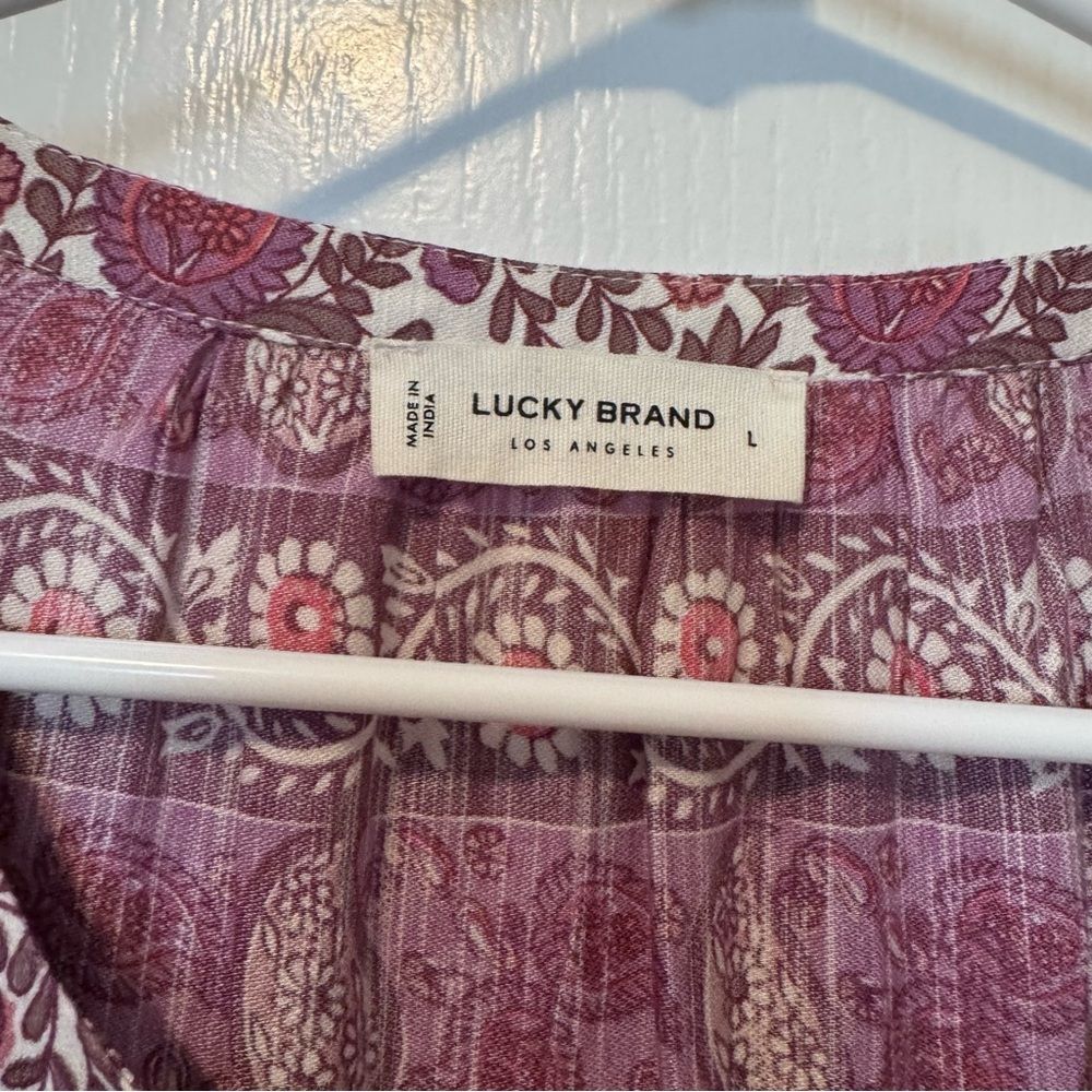Lucky Brand Pink Multi Print Mix Boho Peasant Style Blouse Women’s Size Large - Picture 12 of 13